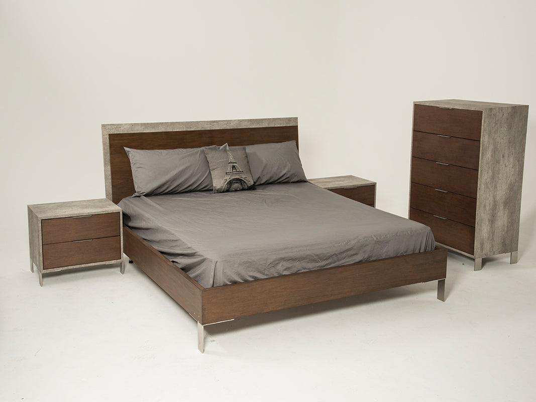 Modern Dark Walnut & Concrete Queen Bed