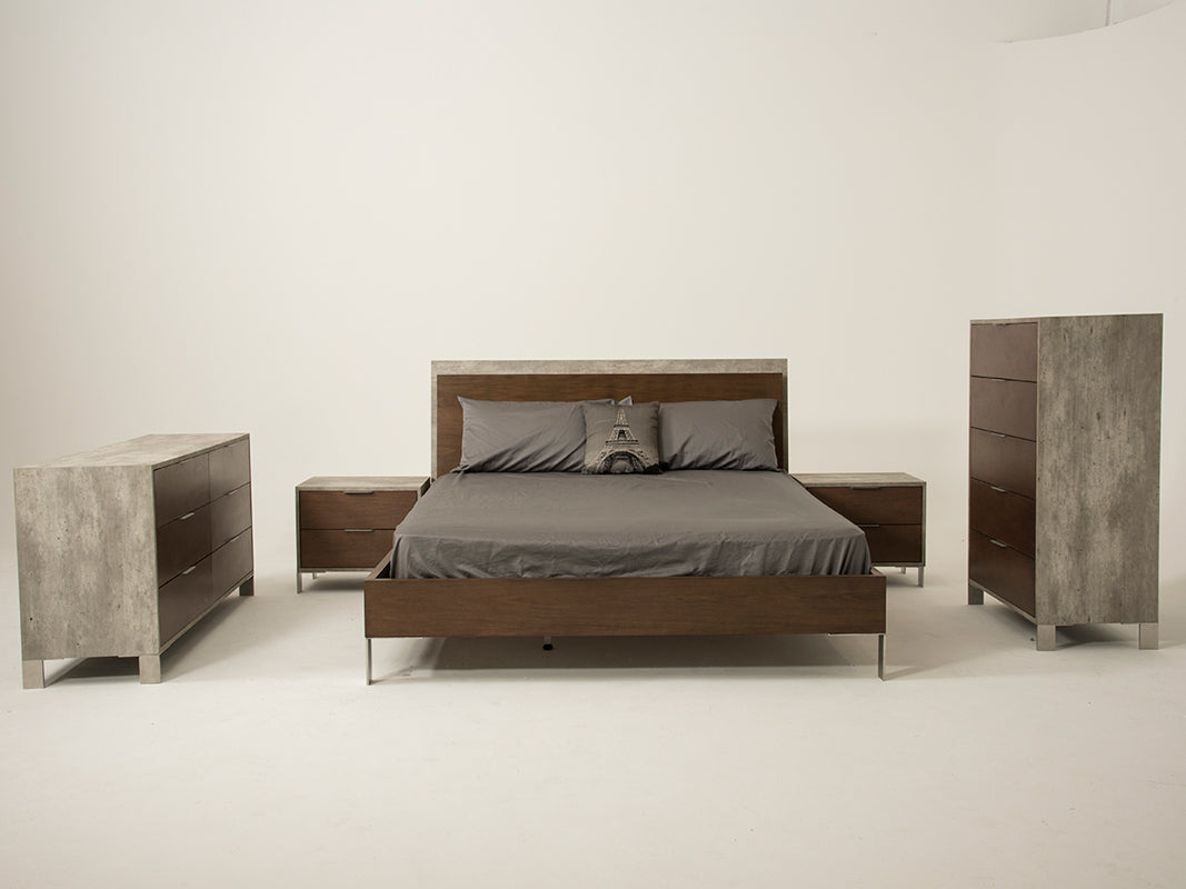 Modern Dark Walnut & Concrete Queen Bed