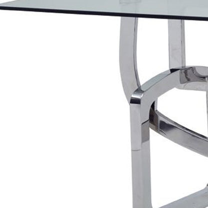 79" Clear And Silver Glass And Stainless Steel Trestle Base Dining Table