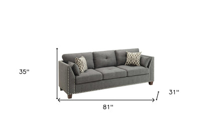 81" Charcoal Linen Sofa And Toss Pillows With Dark Brown Legs