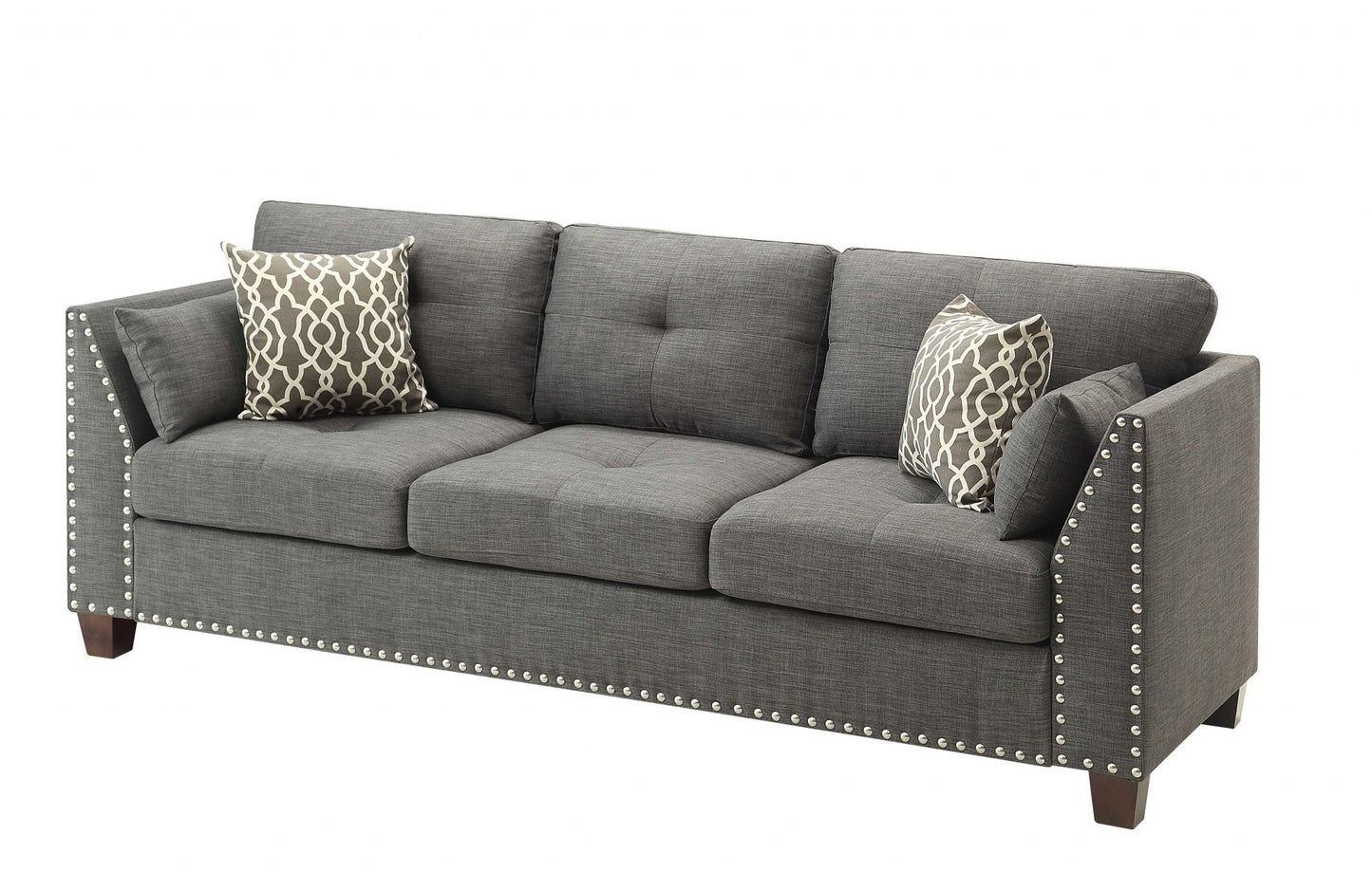 81" Charcoal Linen Sofa And Toss Pillows With Dark Brown Legs