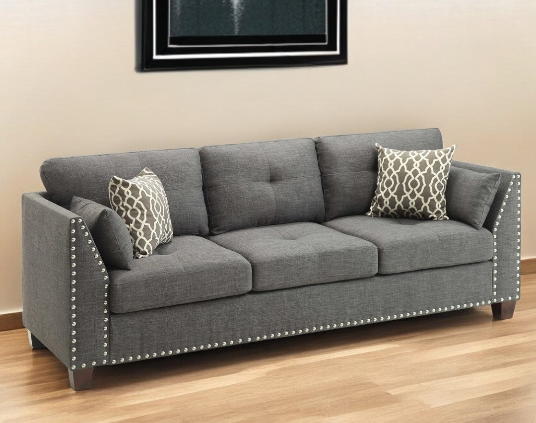 81" Charcoal Linen Sofa And Toss Pillows With Dark Brown Legs