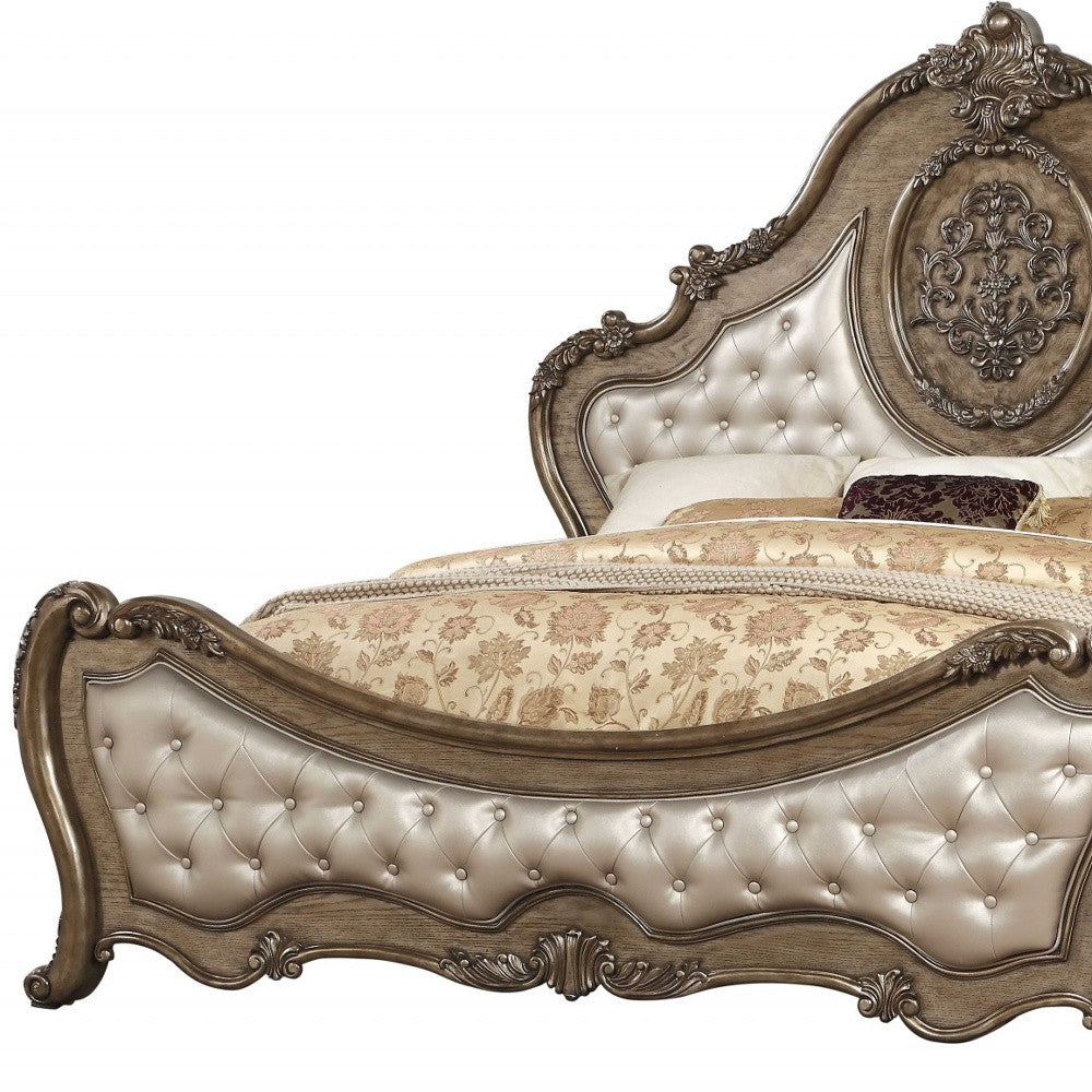 Queen Tufted Bronze Upholstered Faux Leather Bed With Nailhead Trim