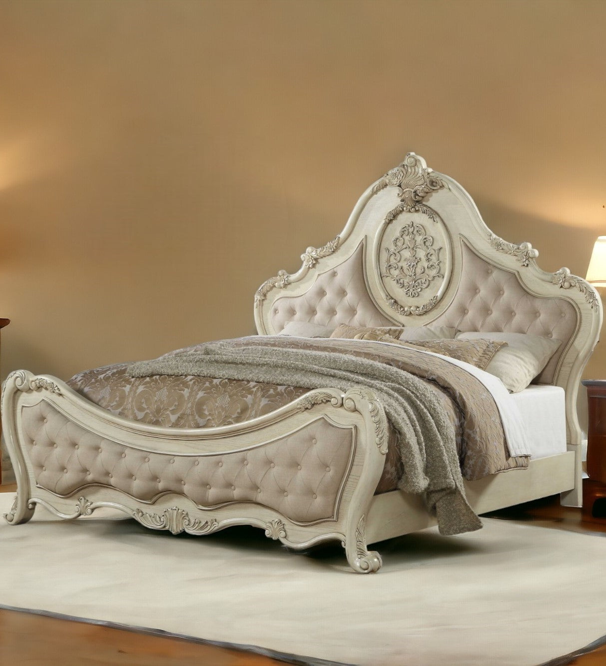 King Tufted Beige Upholstered Linen Bed With Nailhead Trim