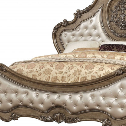 Queen Tufted Bronze Upholstered Faux Leather Bed With Nailhead Trim