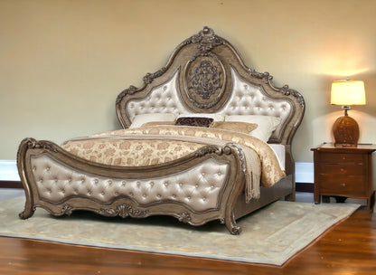 Queen Tufted Bronze Upholstered Faux Leather Bed With Nailhead Trim