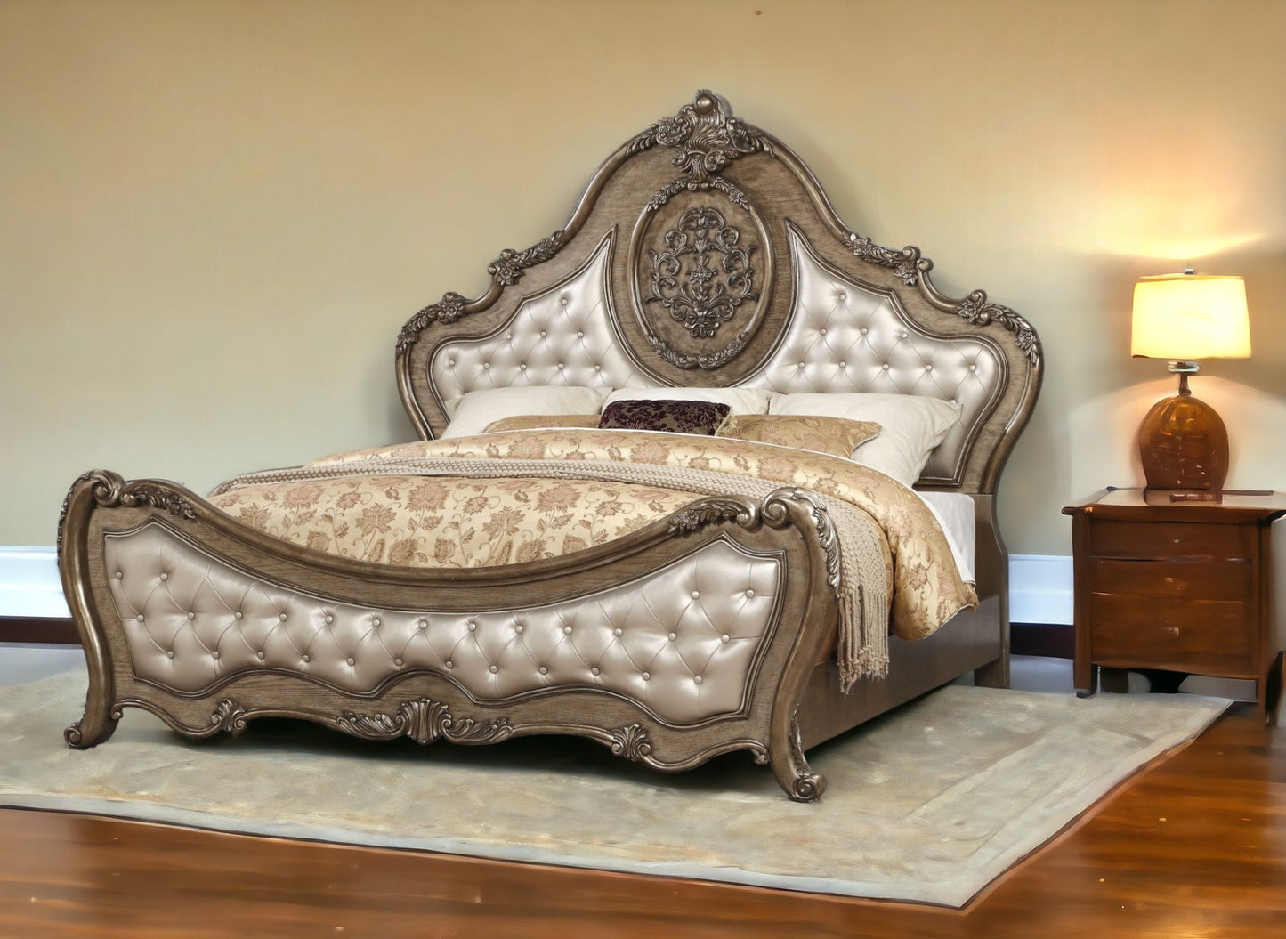 Queen Tufted Bronze Upholstered Faux Leather Bed With Nailhead Trim