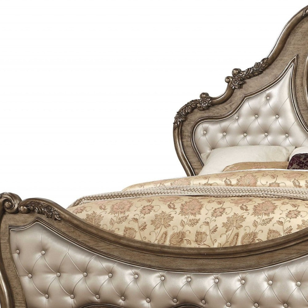 Queen Tufted Bronze Upholstered Faux Leather Bed With Nailhead Trim