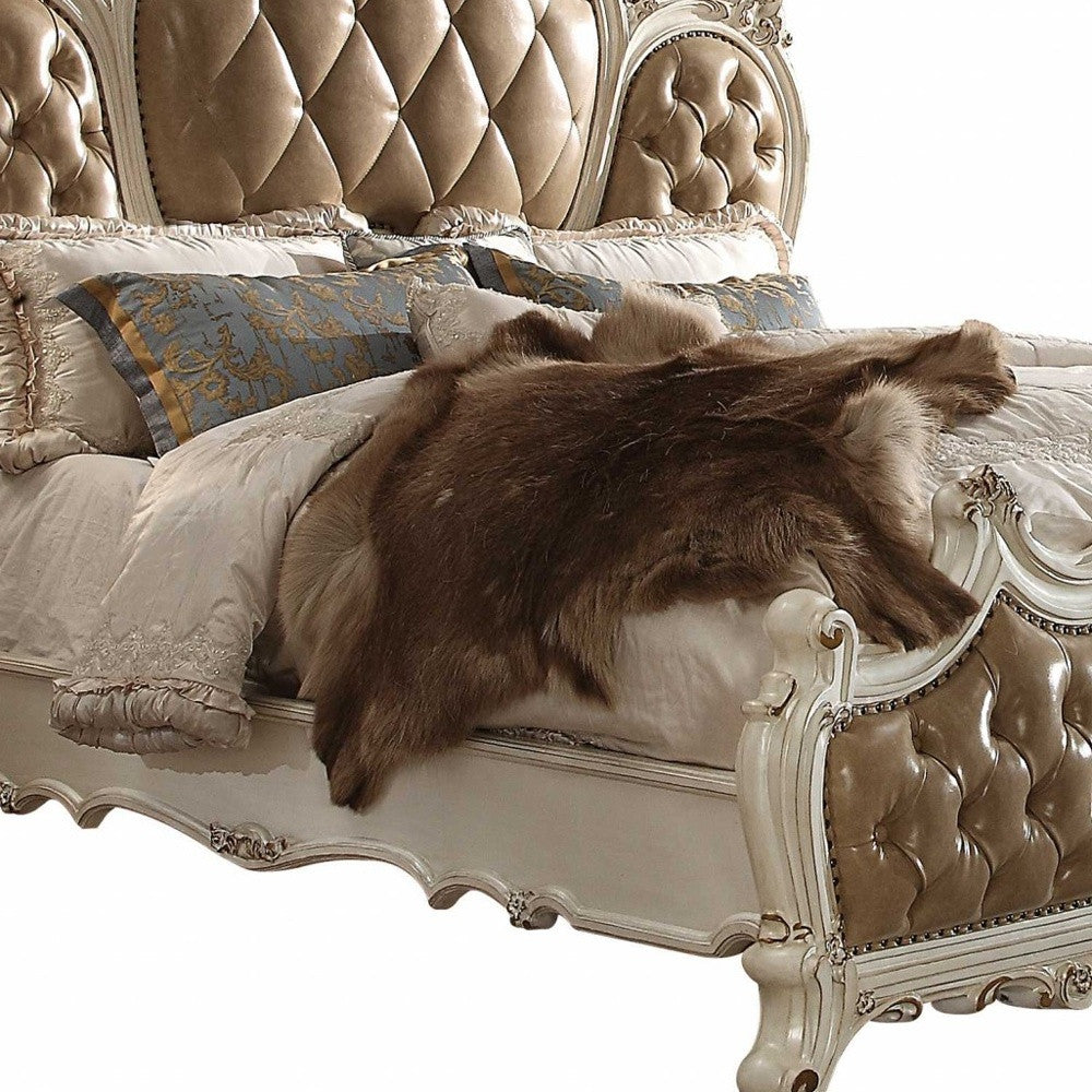 King Tufted Beige Upholstered Faux Leather Bed With Nailhead Trim