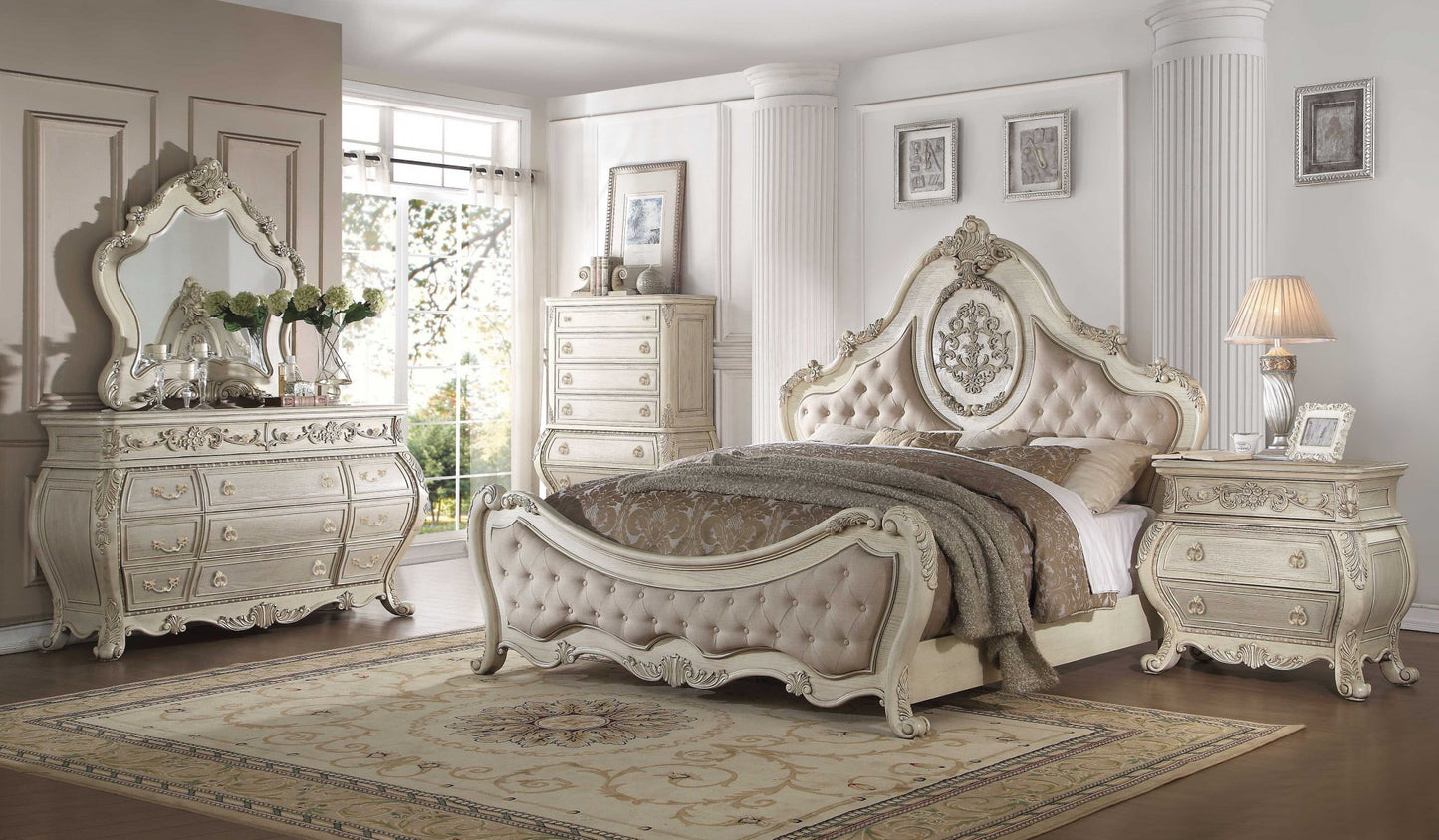 King Tufted Beige Upholstered Linen Bed With Nailhead Trim