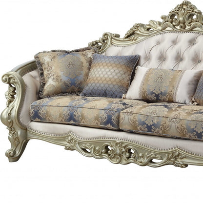 40" Antiqued White Velvet Curved Floral Sofa And Toss Pillows With Champagne Legs