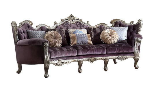 52" Dark Purple Velvet Curved Striped Sofa And Toss Pillows With Platinum Legs