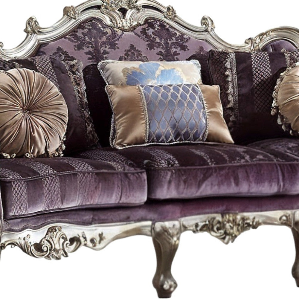 52" Dark Purple Velvet Curved Striped Sofa And Toss Pillows With Platinum Legs