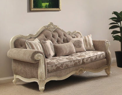 35" Gray Velvet Floral Sofa And Toss Pillows With Beige Legs