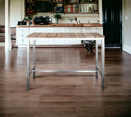 55" Wood Brown And Silver Solid Wood And Stainless Steel Dining Table