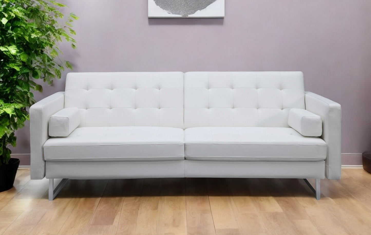 80" White Faux Leather Sofa With Silver Legs