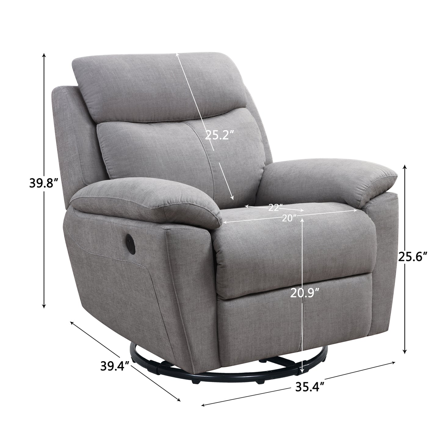 35" Light Gray Fabric Power Recliner With USB