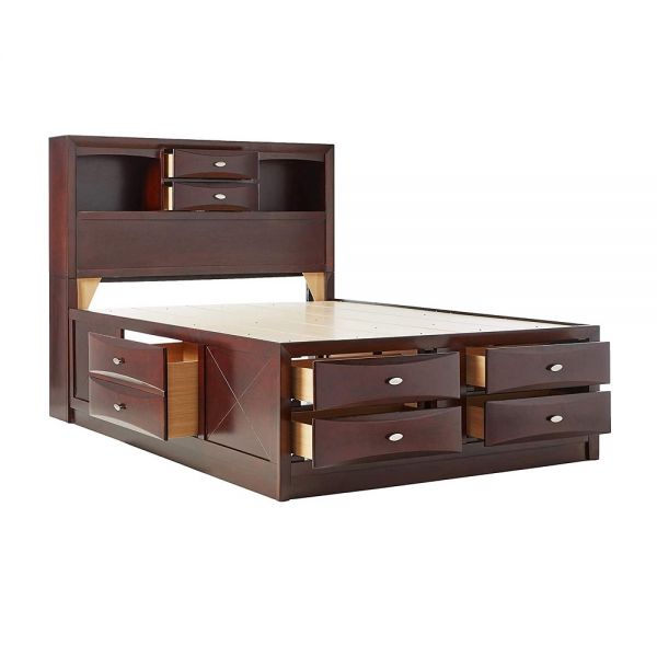 Espresso Multi-Drawer Wood Platform Full Bed With Pull Out Tray