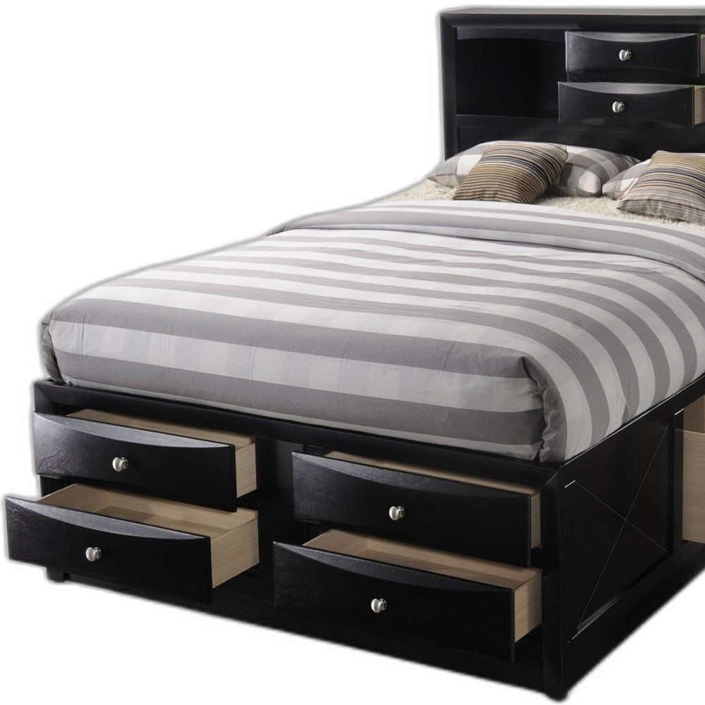 Black  Multi-Drawer Wood Platform  Full Bed With Pull Out Tray