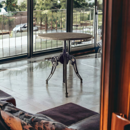 30" Gray And Black Rounded Solid Wood And Metal Three Leg Base Dining Table