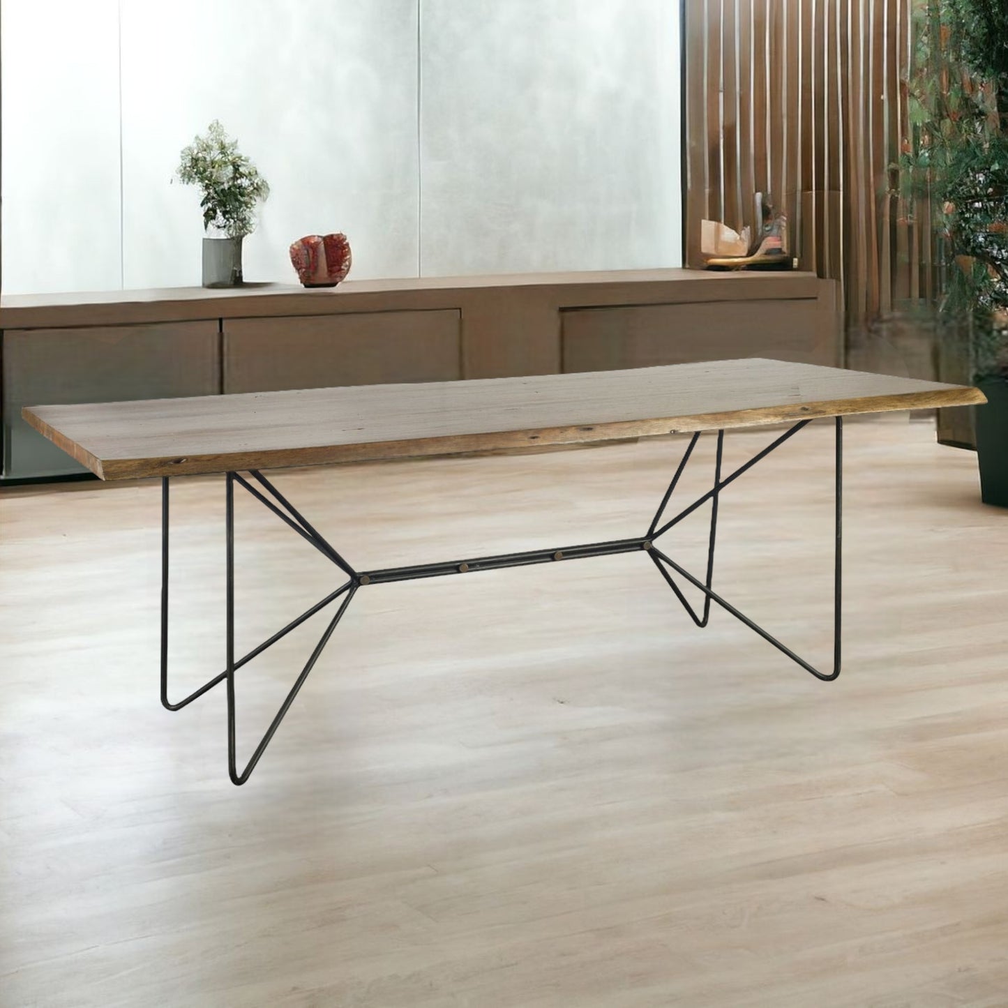 84" Natural And Black Solid Wood And Metal Trestle Base Dining Table