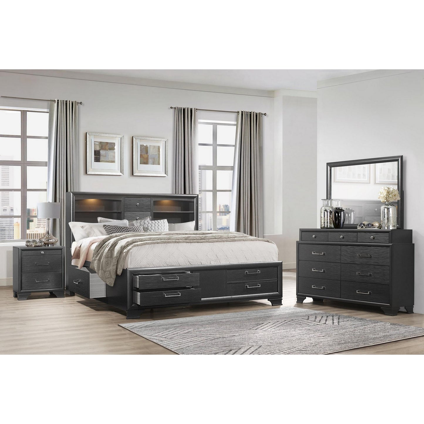 Solid Wood King Gray Eight Drawers Bed