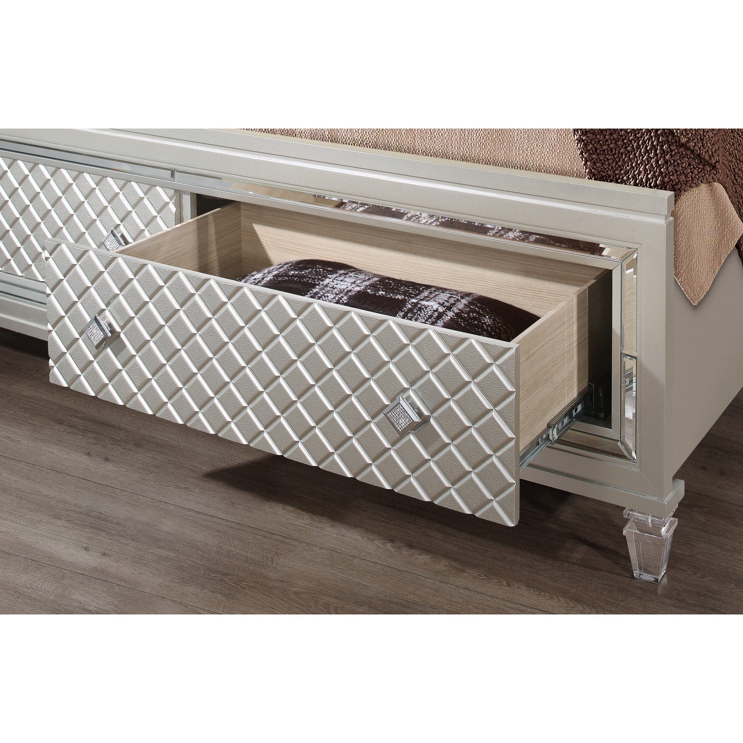 Champagne Tone Queen Bed With Padded Headboard  Led Lightning  2 Drawer