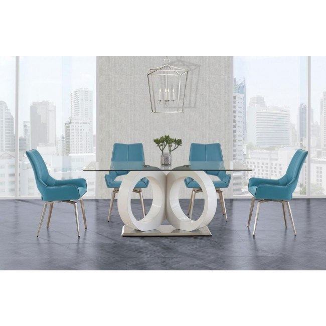 White Tone Geometrical Style Base With Rectangular Glass Top Dining Table