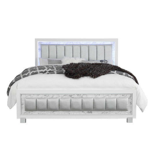 Modern Luxurious White Queen Bed With Padded Headboard  Led Lightning