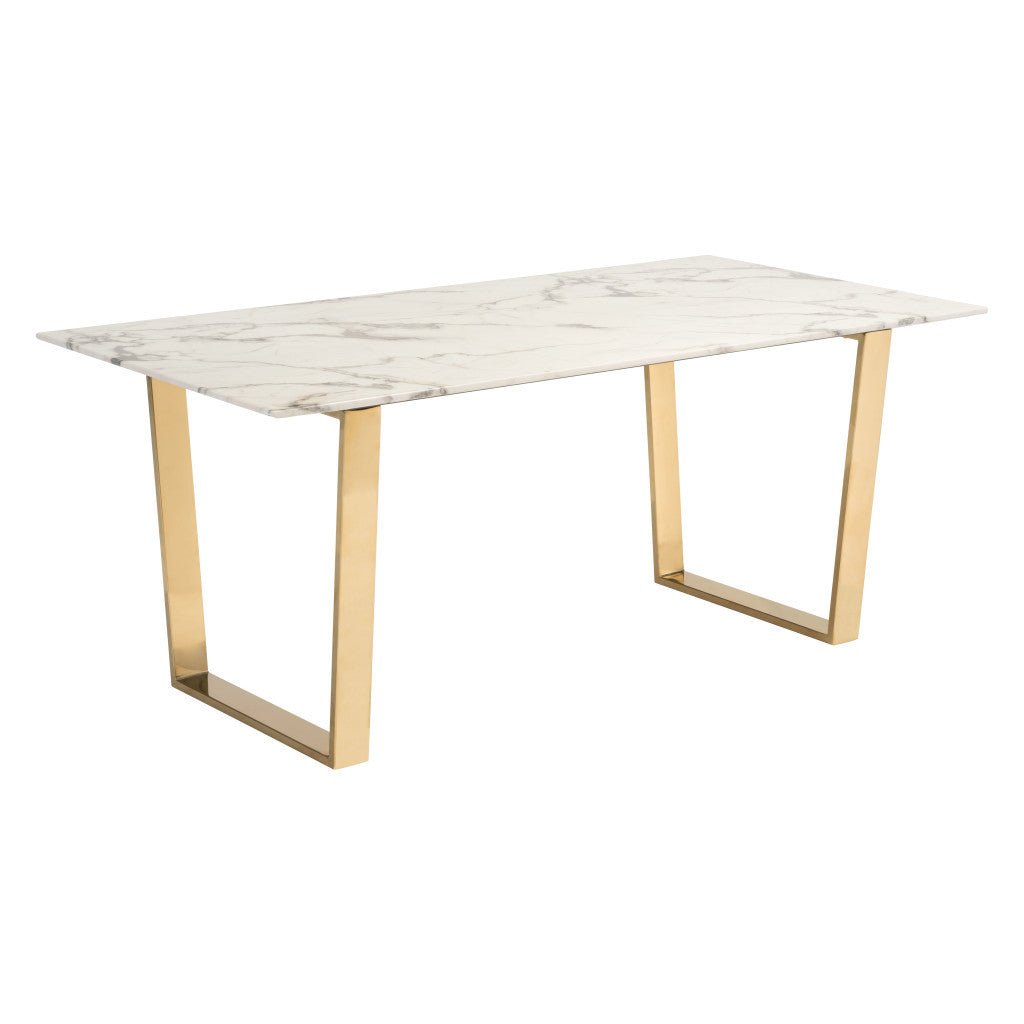 71" White And Gold Faux Marble And Steel Sled Base Dining Table