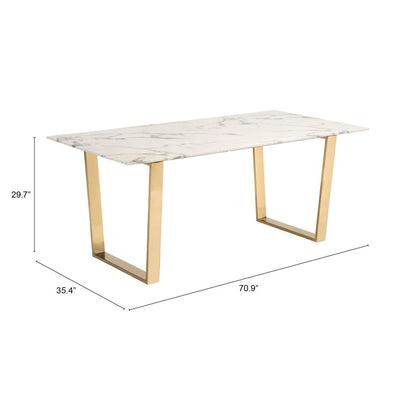 71" White And Gold Faux Marble And Steel Sled Base Dining Table