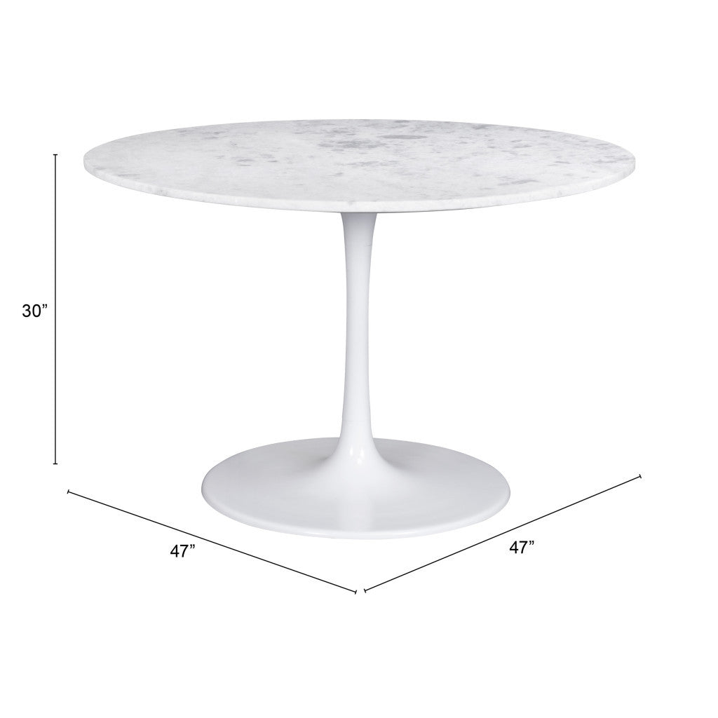 47" White Rounded Marble And Steel Pedestal Base Dining Table