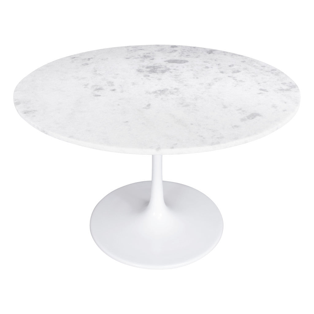 47" White Rounded Marble And Steel Pedestal Base Dining Table