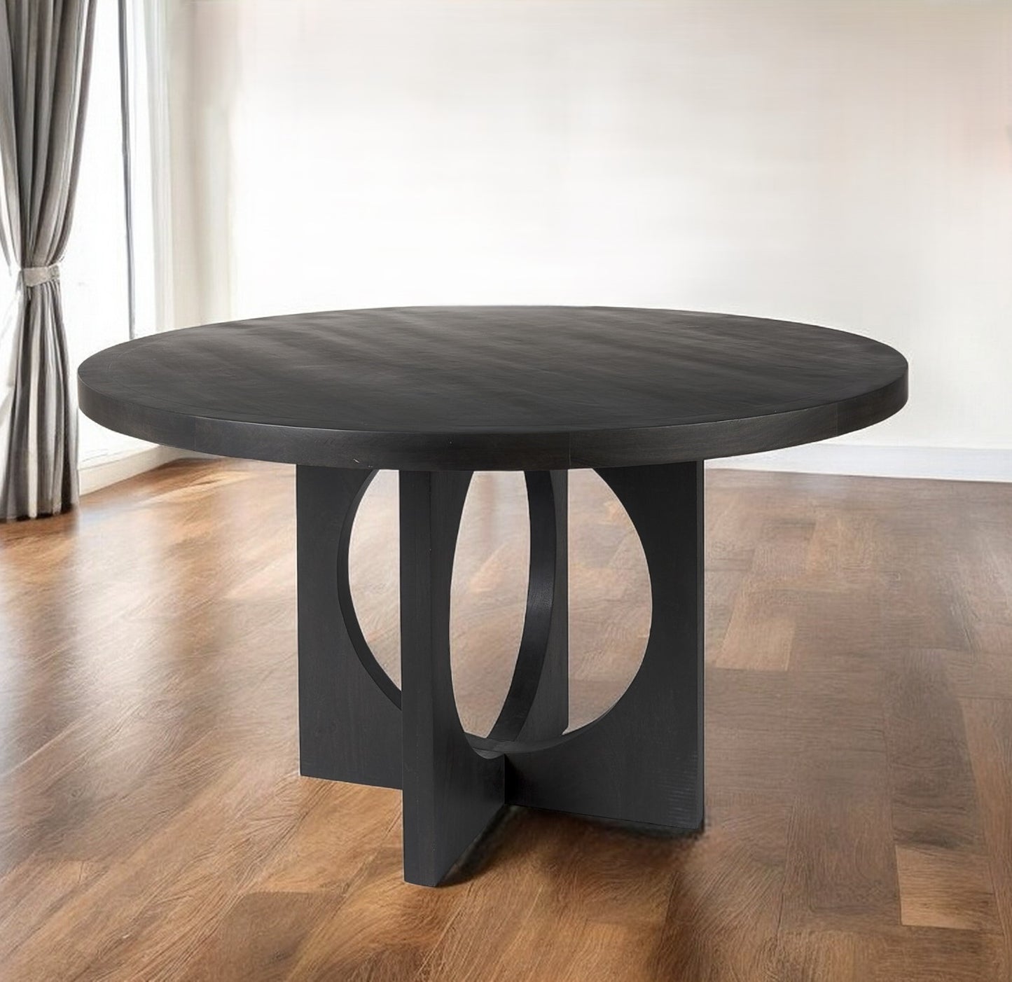 54" Black Rounded Solid Wood Pedestal Base Dining Table