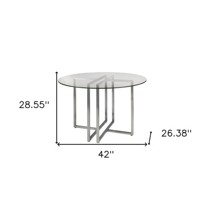 42" Clear And Silver Rounded Glass And Metal Trestle Base Dining Table