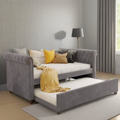 Gray Twin Tufted Upholstered Polyester Blend Bed with Trundle