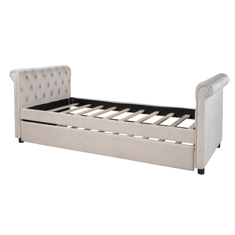 Twin Tufted Beige Upholstered Polyester Blend Bed With Trundle