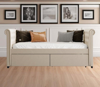 Twin Tufted Beige Upholstered Polyester Blend Bed