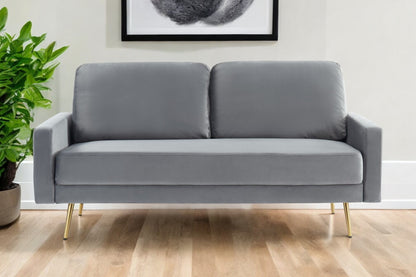 72" Gray Velvet Sofa With Brass Legs