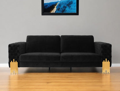 95" Black Velvet Sofa With Gold Legs