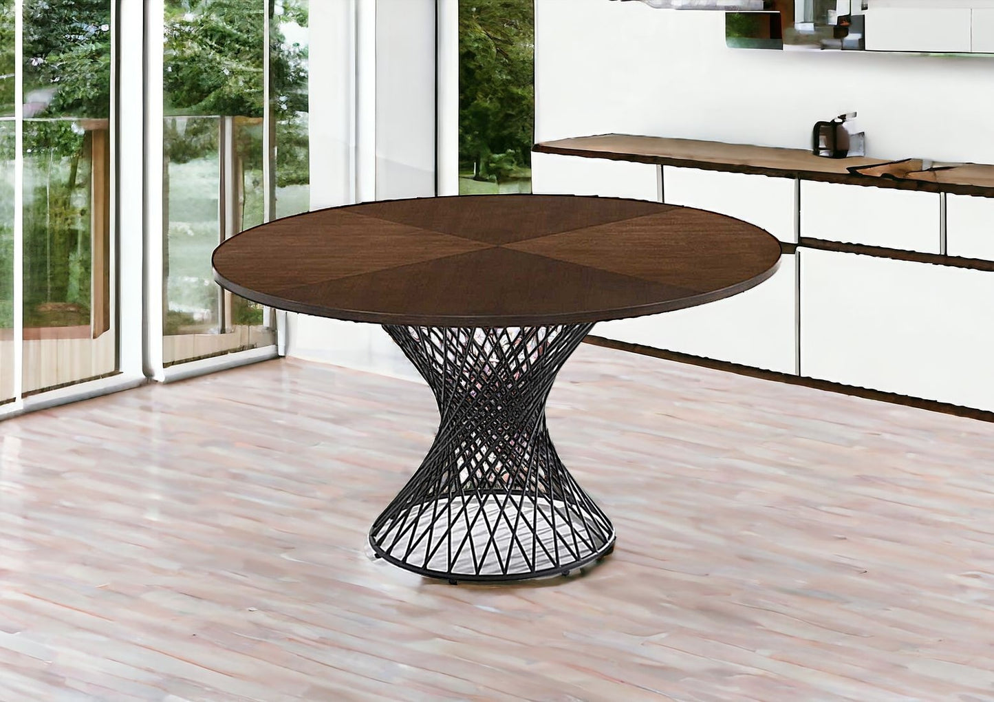 54" Brown And Black Rounded Solid Manufactured Wood And Iron Pedestal Base Dining Table