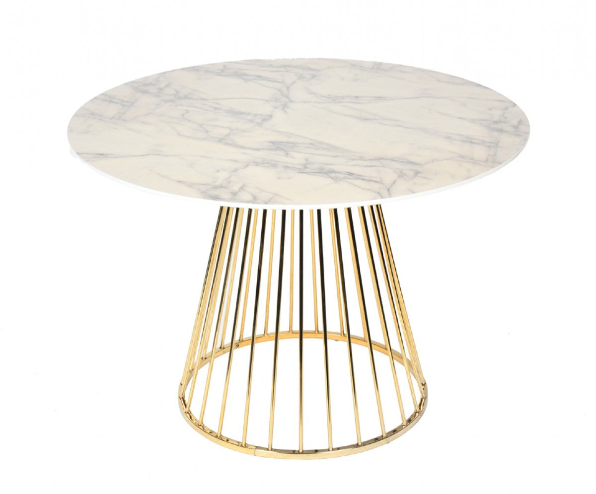 43" White And Gold Rounded Stainless Steel Pedestal Base Dining Table