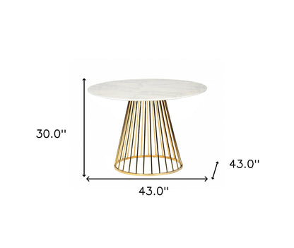 43" White And Gold Rounded Stainless Steel Pedestal Base Dining Table