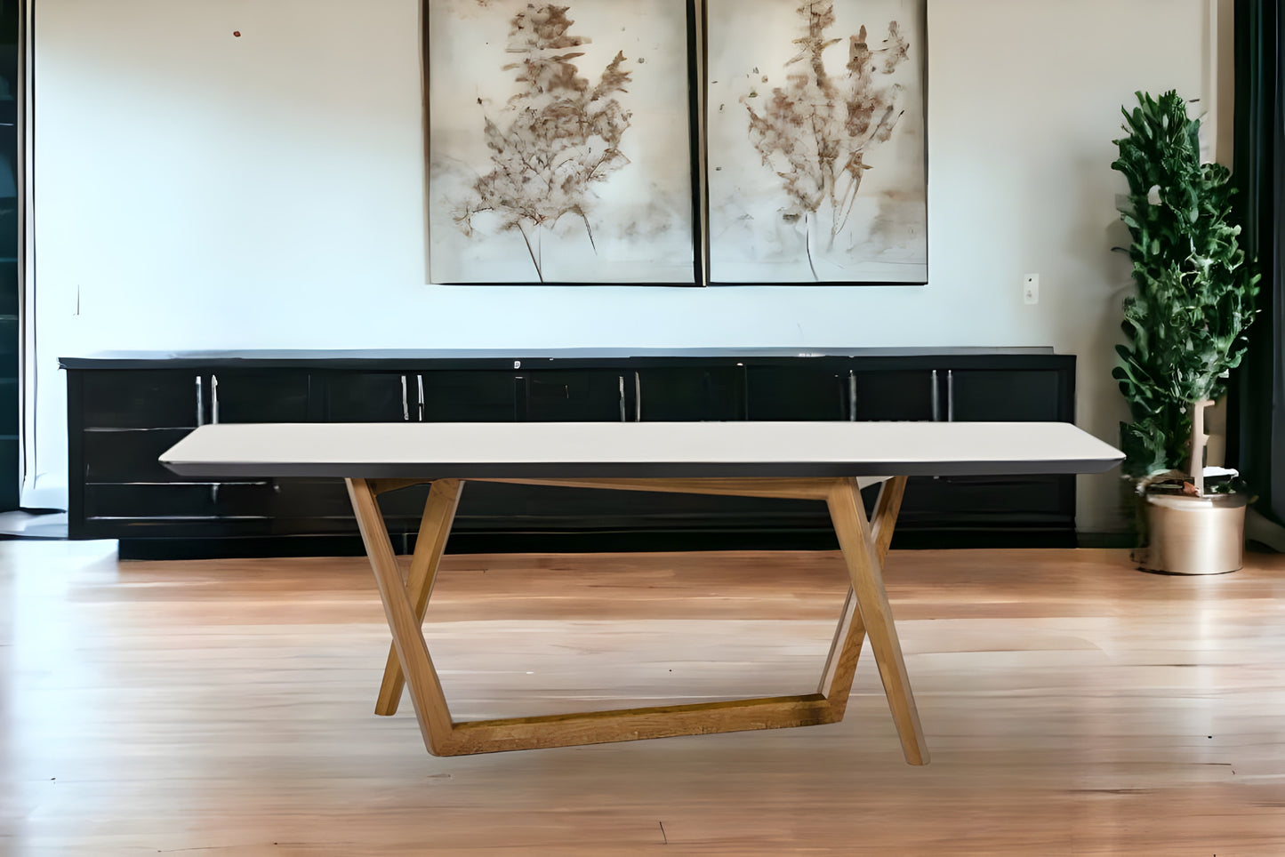 91" White And Brown Stone Trestle Base Dining Table