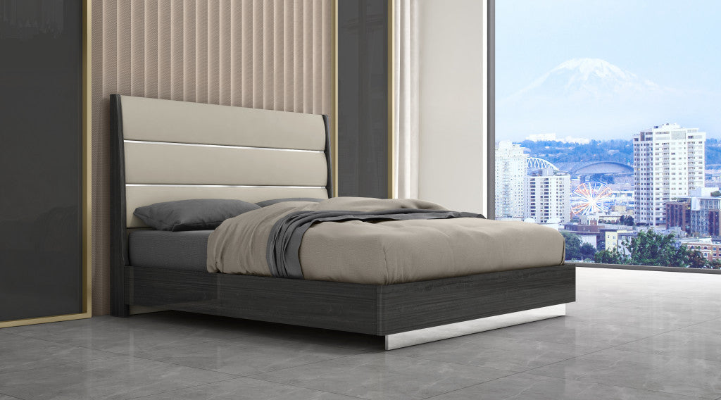 King Dark Grey High Gloss Bed Frame with Faux Leather Headboard