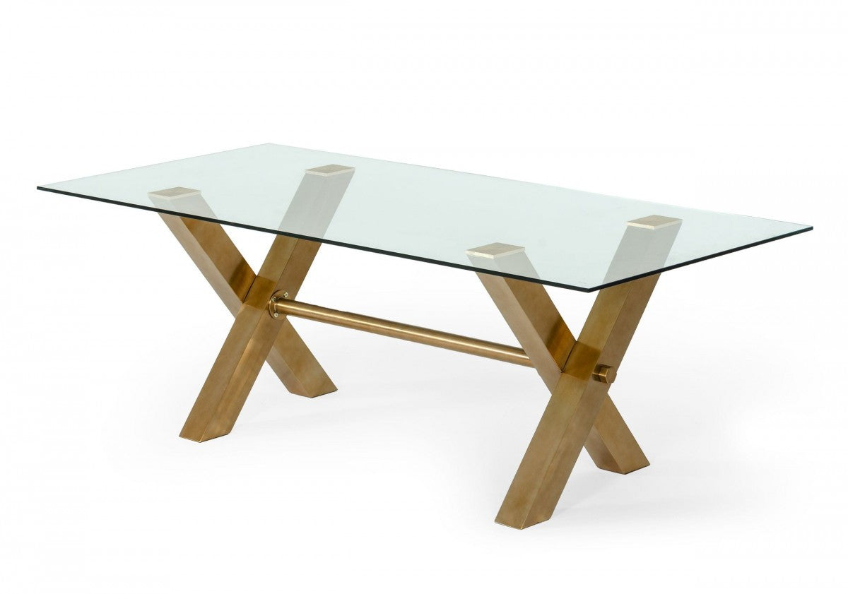 87" Clear And Gold Glass And Stainless Steel Sled Base Dining Table