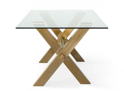 87" Clear And Gold Glass And Stainless Steel Sled Base Dining Table