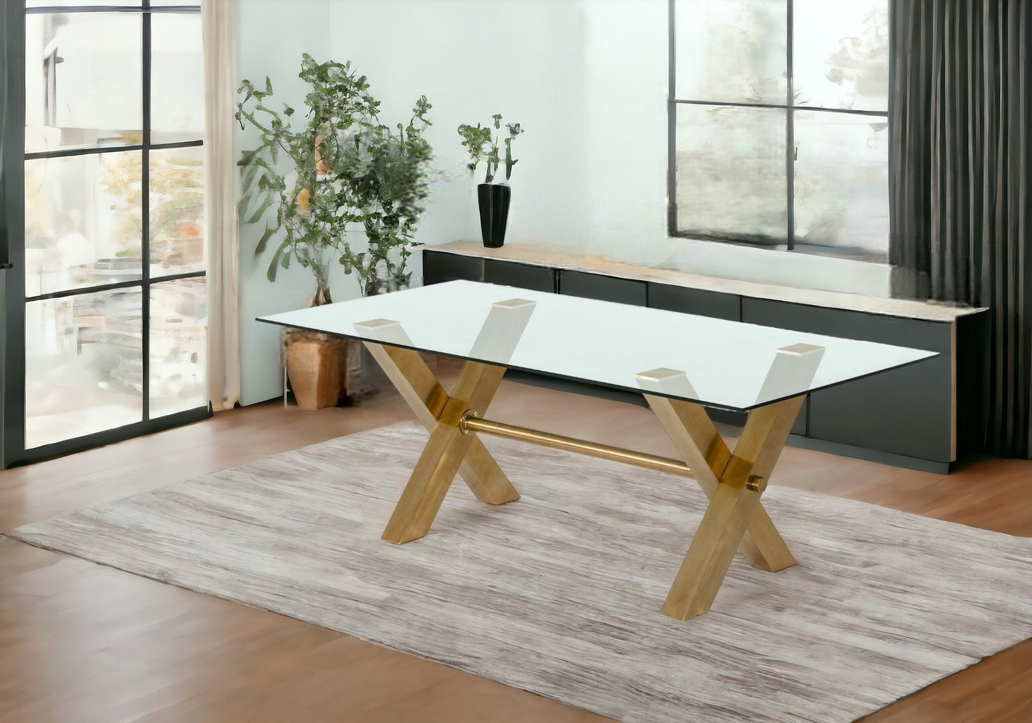 87" Clear And Gold Glass And Stainless Steel Sled Base Dining Table