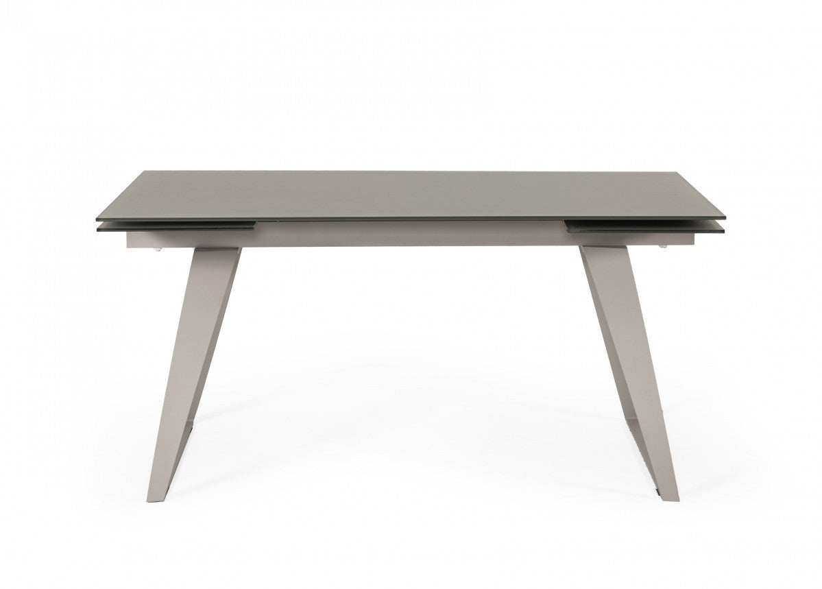 94" Gray Glass And Metal Self-Storing Leaf Sled Base Dining Table