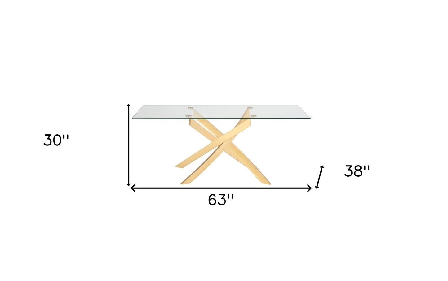 63" Clear And Gold Rectangular Glass And Stainless Steel Dining Table